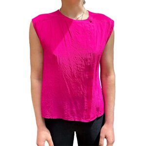 Vintage Hot Pink Silk Sleeveless Button Down Blouse / Tank Assymetrical Buttons
